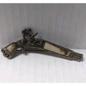 1960's Vtg Miracle Jewelry Flintlock Duelling Pistol Brooch.  Faux Agate Stones